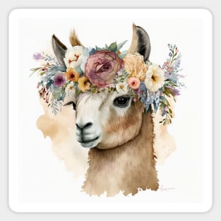 Single llama watercolor close up with flower headband crown Sticker